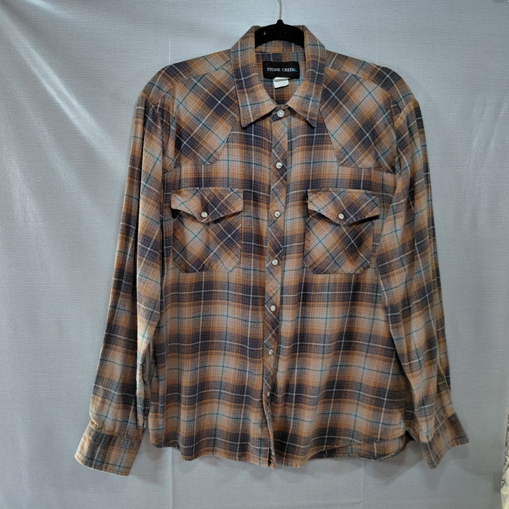 Vtg Stone Creek Plaid Flannel Pearl Snap Long Sleeve Shirt Men's LG Brown Cowboy